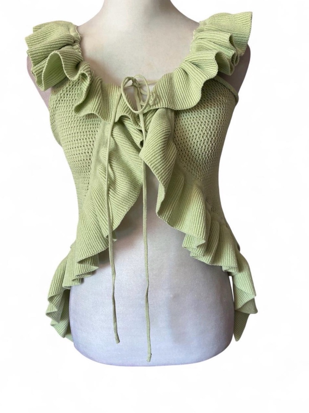 Peppermayo Bowen Mint Ruffle Tie Front Off Shoulder Knit Top size XS/S - Picture 3 of 9